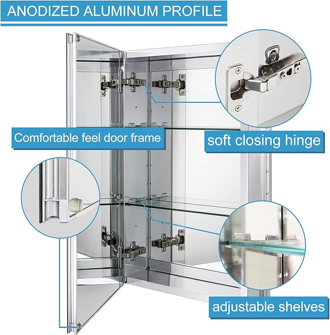 Fundin Aluminum Bathroom Mirror Cabinet Recess Mount Only, with Framless Double Sided Mirror Door, 15 Inch x 24 Inch