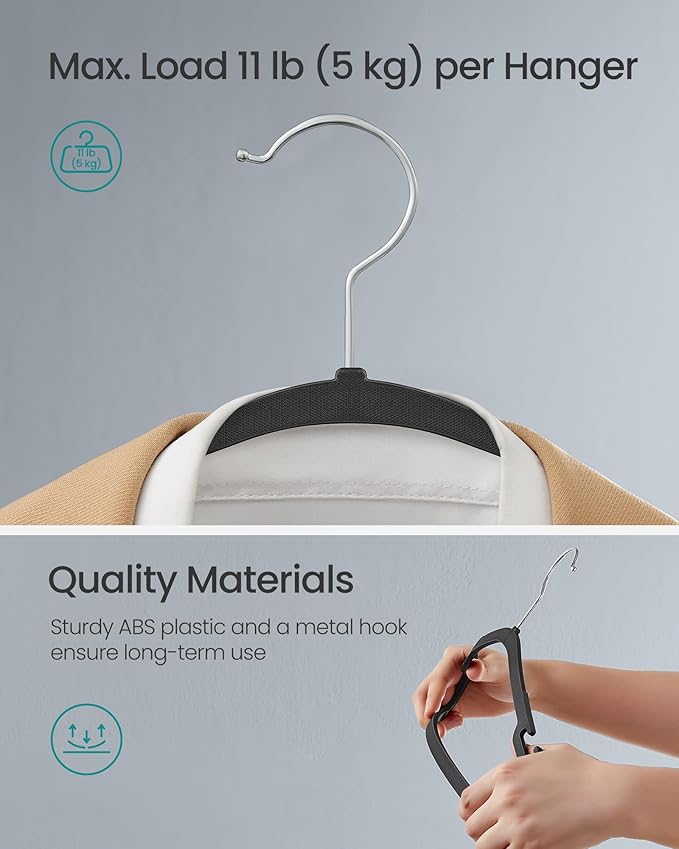 SONGMICS Clothes Hangers 50 Pack, Heavy-Duty Plastic Hangers, Coat Hangers with Wide Shoulder Notches, Pant Bar, 360° Swivel Hook, Space-Saving, 16.4 Inches, for Closet, Ink Black UCRP060B01