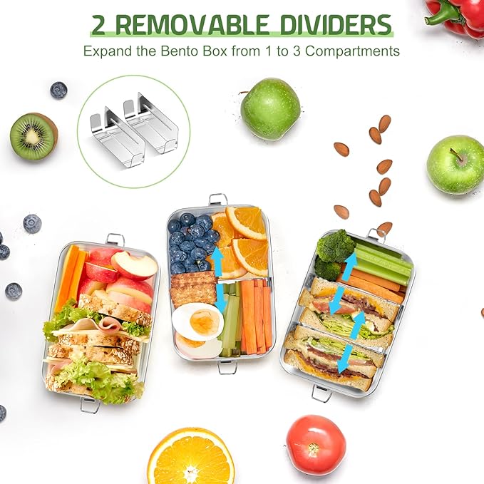 TeamFar Stainless Steel Bento Box, 28oz/850ML Small Metal Bento Lunch Box Container for Adults/Kids, for Home/School/Office/Travel, With 2 Removable Dividers, Leak-Proof & Dishwasher Safe