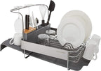 KitchenAid Compact to Full Size Expandable, Rust Resistant Satin Coated Dish Rack with Angled Self Draining Drain Board and Removable Flatware Caddy, 24-Inch, Charcoal
