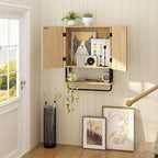 RUSTOWN Fluted Bathroom Wall Cabinet with 2 Doors, 3-Tier Modern Farmhouse Medicine Cabinet, Over The Toilet Storage Cabinet with Adjustable Shelf and Towel Bar (Natural, Medium)