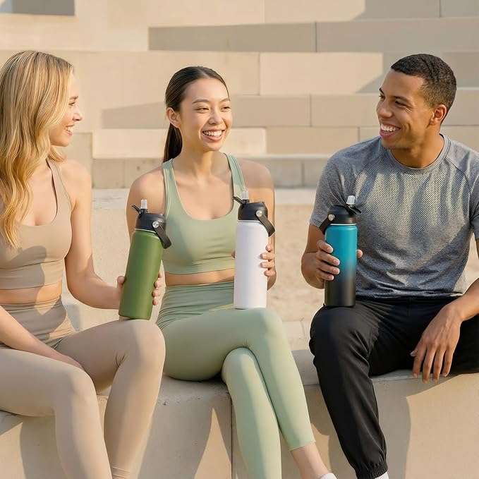 24oz Insulated Stainless Steel Water Bottle, Wide Mouth Double Wall Vacuum, Silicone Straw, Sweat & Leak Proof, BPA Free Insulated Water Flask for Travel, Keep Cold 24h Hot 12h, White