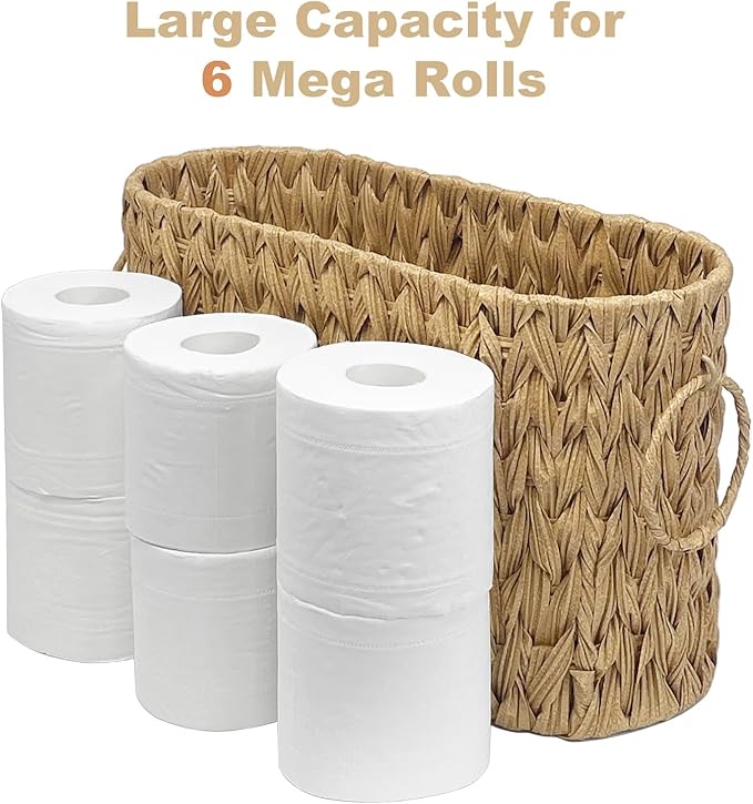 Toilet Paper Basket for Bathroom, Large Storage for 6 Mega Rolls, Free Standing Wicker-Style Toilet Paper Holder Organizer, Boho Decorative Bathroom Bin, 15.75" x 6.5" x 9.45" (Nature)