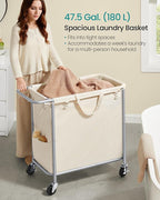 SONGMICS Laundry Basket with Wheels, Rolling Laundry Hamper, 47.5 Gallons (180 L), Removable Liner, Steel Frame with Handle, 31.5 x 15.4 x 31.9 Inches, Cream White URLS011W01