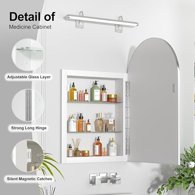 Recessed Medicine Cabinet for Bathroom,Brushed Nickel Arched Medicine Cabinet with Mirror,Arch Mirrored Medicine Cabinets Recessed,Bathroom Mirror with Storage,Open from Left to Right 20x30