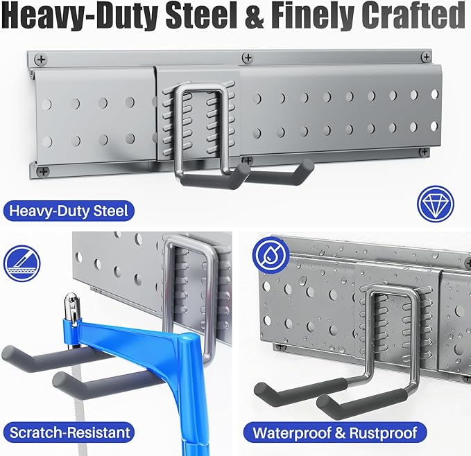 Garage Tool Organizer Wall Mount 48 inches with 10 Adjustable Heavy-Duty Hooks, Garage Organization, Garden Tool Storage Rack, Yard, and Shed, Holds Up to 400 lbs (Grey)