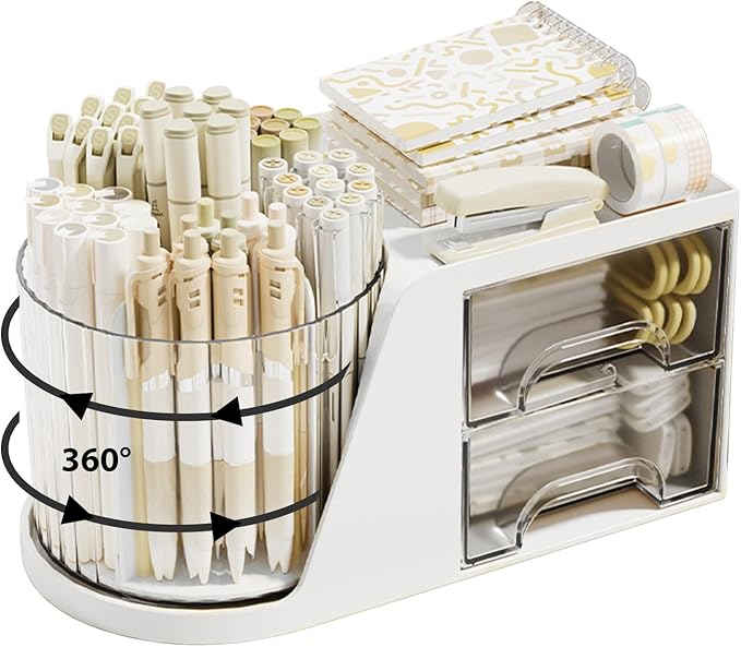 Marte Vanci 360° Rotating Desk Organizer with 2 Drawer, Desktop Rotating Pen Holder with 6 Slots, Small Makeup Organizer, Multifunctional Desk Accessories for Office, Home(White)