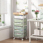 6 Drawer Rolling Cart for Craft Storage,Utility Drawer Organizer with Handle and Wooden Top,Storage on wheels for Office, Classroom,Laundry,Garage,Snack,Art Supply,Green