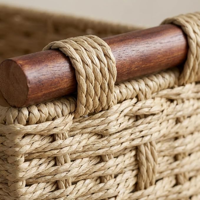 Back of Toilet Basket with Wood Handles, Khaki Wicker Toilet Paper Basket for Toilet Tank Top, Narrow Toilet Tank Basket, Bathroom Basket Organizer for Wipes & Essentials