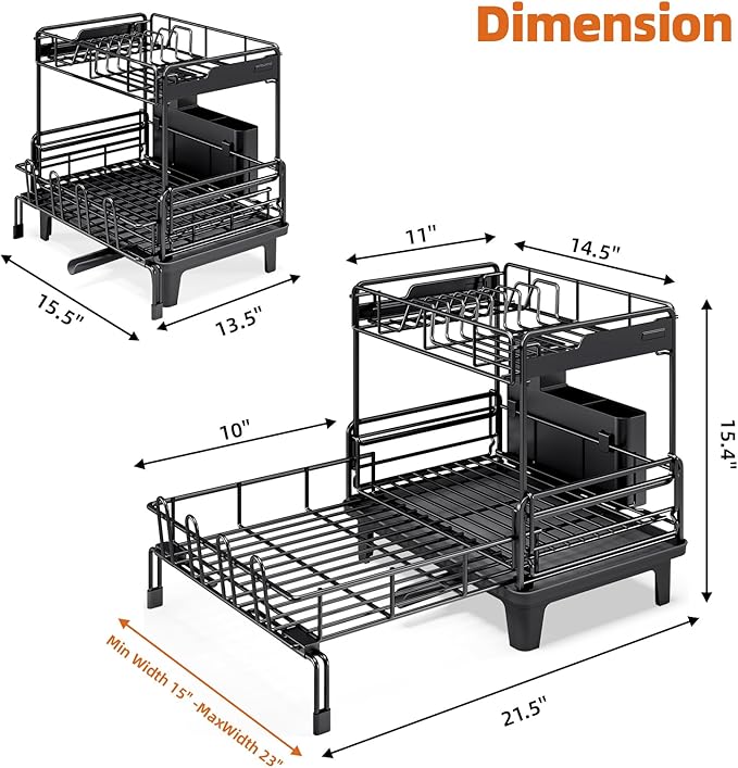 Dish Drying Rack - Extendable Dish Drainer, Large Dish Rack for Kitchen Counter, Rustproof Dish Strainer with Utensil Holder and Cups Holder, 2 Tier Black