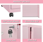 2 Drawer Rolling File Cabinet on Wheels, Mobile Two Drawer Filing Cabinet with Lock, Small Files Cabinets for Under Desk, Metal Filing Cabinets for Letter Size Folders, Pink - Assembly Required