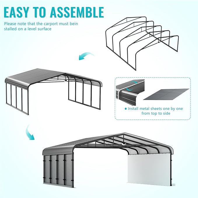 Metal Carport,20x20 Car Port Heavy Duty Metal for Snow,Car Tent Garage with Galvanized Metal Roof,Outdoor Two Car Carports All Weather