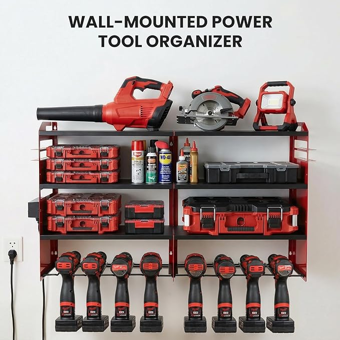 4-Tier Heavy Duty Power Tool Organizer with 4-Outlet High-Power Strip, 600lbs Capacity Reinforced Steel Drill Rack, High-Visibility Wall Mount Storage for 20V/60V Max Battery Systems, Red