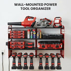 4-Tier Heavy Duty Power Tool Organizer with 4-Outlet High-Power Strip, 600lbs Capacity Reinforced Steel Drill Rack, High-Visibility Wall Mount Storage for 20V/60V Max Battery Systems, Red