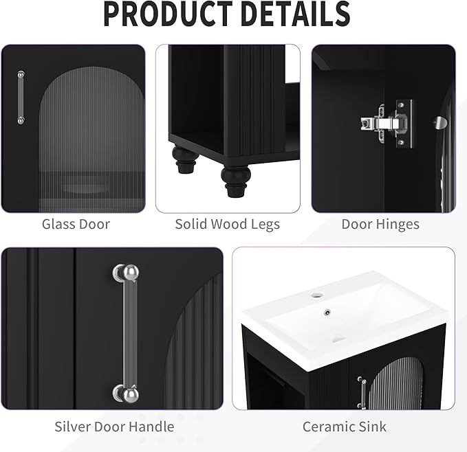 20" Small Bathroom Vanity with Sink and Glass Door,Storage Shelf & Toilet Paper Holder,Solid Wood & MDF Modern Single Bathroom Sink Cabinet with Glass Door Freestanding,Black