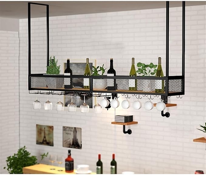 Ceiling Hanging Wine Glass Holder - Ceiling Shelf, Ceiling Wine Rack Display Stand, Hanging Solid Wood Plant Stand, Wall Mounted Iron Art Wine Bottle Holder, LOFT Ceiling Mounted Storage Rack ( Color