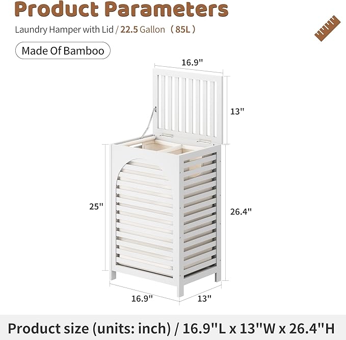FILWH Laundry Hamper with Lid (16.9 * 13 * 26.5inches) Large Bamboo Laundry Bin Basket 85L Clothes Hamper with 1 Removable Bag Storage baskets for Bathroom (White)