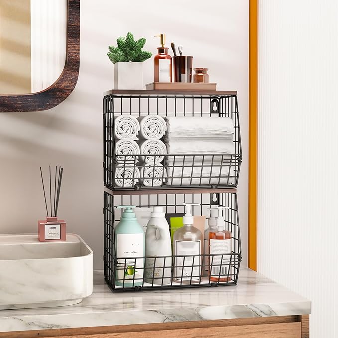 Fruit Basket for Kitchen Counter 2 Tier Fruit Bowl, Stackable Wall Mounted Hanging Fruit Basket Wire Baskets with Wood Lid with 4 Banana Hanger Hooks, Onion Basket, Fruit and Vegetable Storage