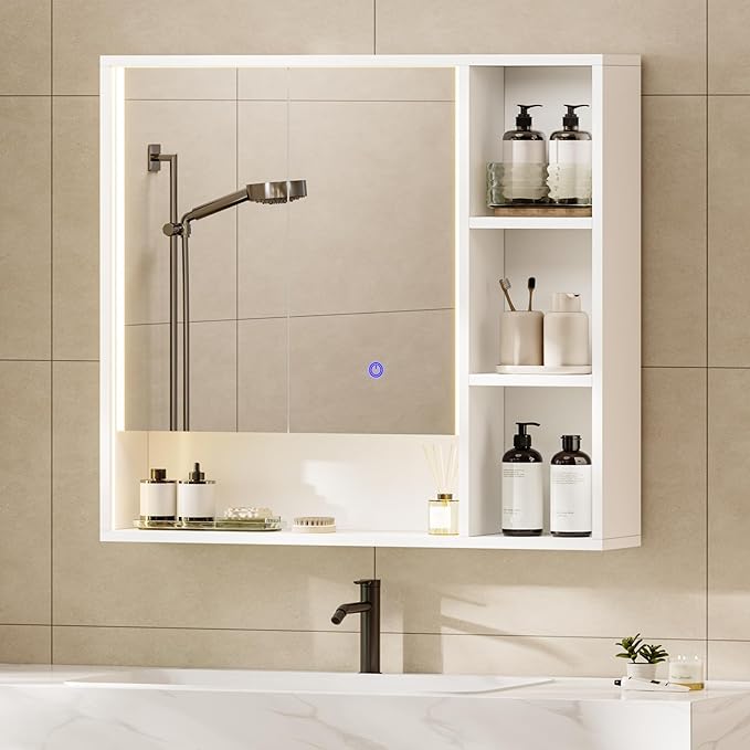 Hasuit Lighted Medicine Cabinet with Mirror and Shelves, Modern Bathroom Medicine Cabinet with Open Storage, Aluminum Channel LED Lights, 31.5'' x 30.7'', White