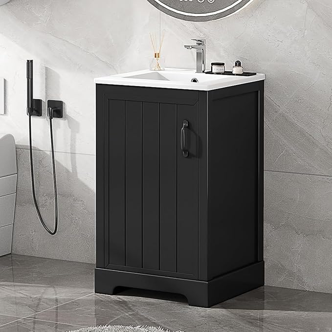 20 in Small Bathroom Vanity with Sink,Soft Close Door and Adjustable Shelf,Wood Modern Single Bathroom Sink Cabinet,Freestanding (Black)