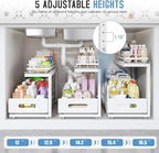 Under Sink Organizer Upgrade To Professional Rails,2-Tier Dual Pull Out Cabinet Storage,Height Adjustable Slide Out Drawers For Bathroom Kitchen,1 Pack-21"Dx12.8"-16.9"H,White