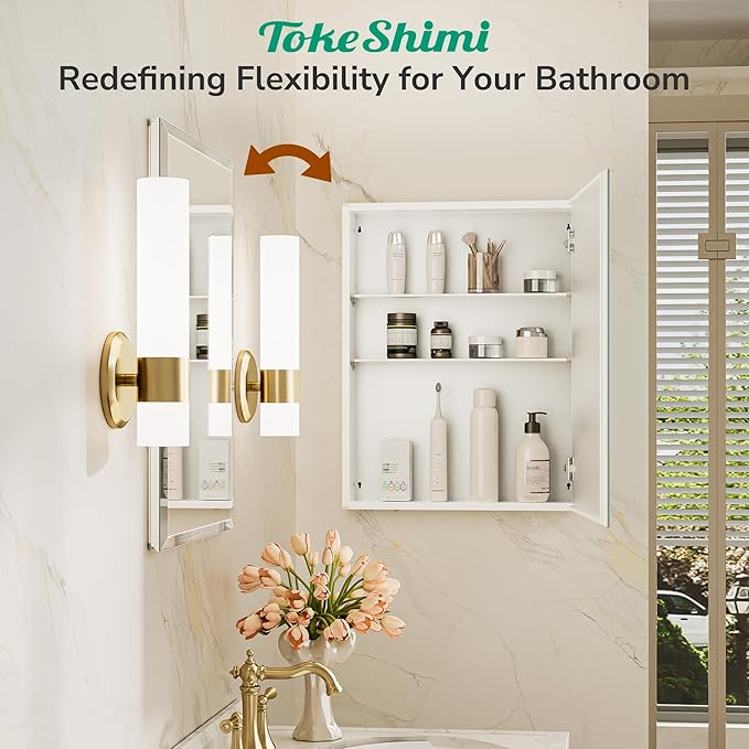 TokeShimi 14 x 24 Medicine Cabinet with Mirror, Assembly Required, White Recessed Bathroom Medicine Cabinet with Tempered Beveled Mirror, Stepless Adjustable Shelves, DTC Hinge