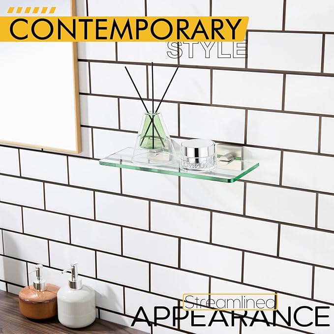 KOKOSIRI Floating Glass Shelf Bathroom Wall Mount Shelves 12-Inch Kitchen Rack for Shower Storage Decor, 2 Pack Brushed Stainless Steel B1107BR-L12-P2
