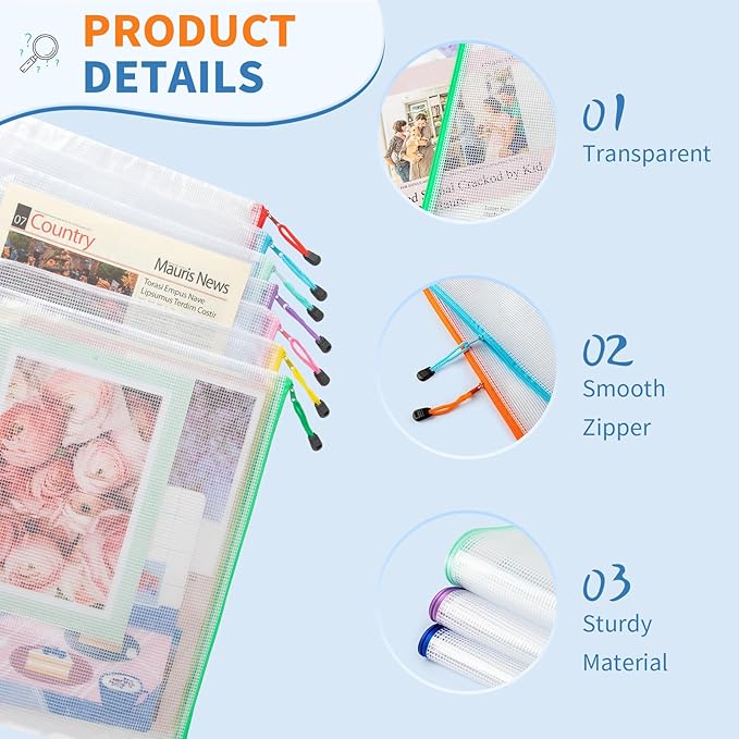 Umriox 32 Pack A3 Mesh Zipper Pouch Bags, Zipper Pouches for Organizing, Puzzle Bag, Clear Bag for Crafts Projects, Travel Accessories, Board Game Storage