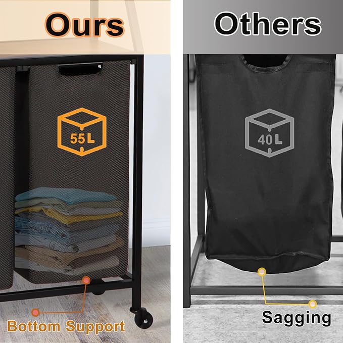 Laundry Hamper, Laundry Sorter, Rolling Laundry Basket with Drawer, 18 Gal (68 L), Pull-Out and Removable Oxford Fabric Bags, Black and Rustic Brown