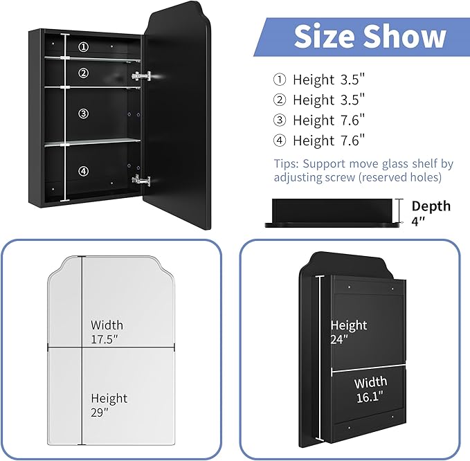 Victorian-Style Recessed Bathroom Medicine Cabinet, Storage Cabinet, Bathroom Wood Wall Cabinet with Curved Mirror, Black, 17.5x29 Inch