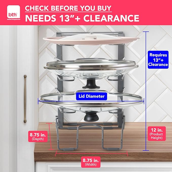 Free-Standing Adjustable Pot Lid Organizer for Cabinet - Kitchen Storage Rack 6 Adjustable Shelves, Pot Lid Holder, Pan and Pot Rack Organizer, Pantry & Inside Cabinet Organizer (13” Clearance)