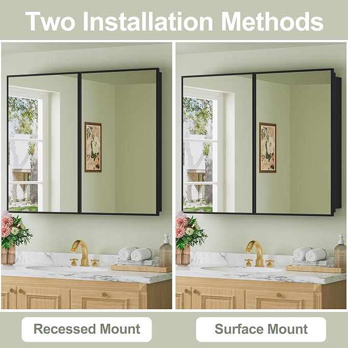 Buruis 36" x 30" Framed Medicine Cabinet with Mirror, Recessed or Wall Mounted Bathroom Cabinet, Adjustable Tempered Glass Shelves, Left/Right Open Reversible, No Assembly Required, Black