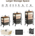 Rolling Cart with 3 Drawers, Plastic Drawer Storage Carts with Lockable Wheels & Wooden Tabletop, Metal Utility Cart Organizer, Office Bedroom Classroom Craft Organization and Storage, Dark Brown