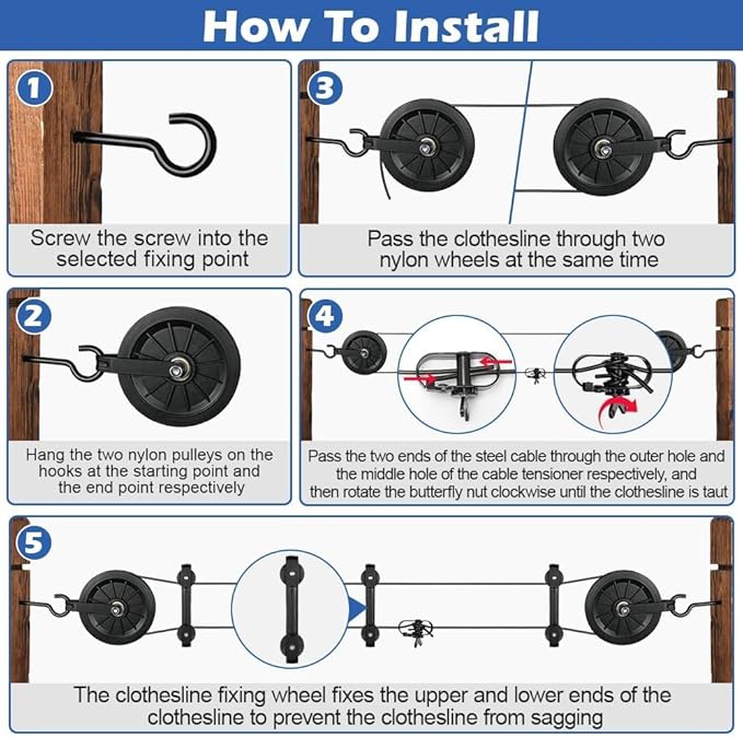 Outdoor Clothesline Kit, 150ft Black PVC Coated Galvanized Clothes Line Pulley Kit with 6.3" Clothesline Pulley, M8 Metal Hooks, 3Pcs Separator, Outdoor Clothes Line Heavy Duty