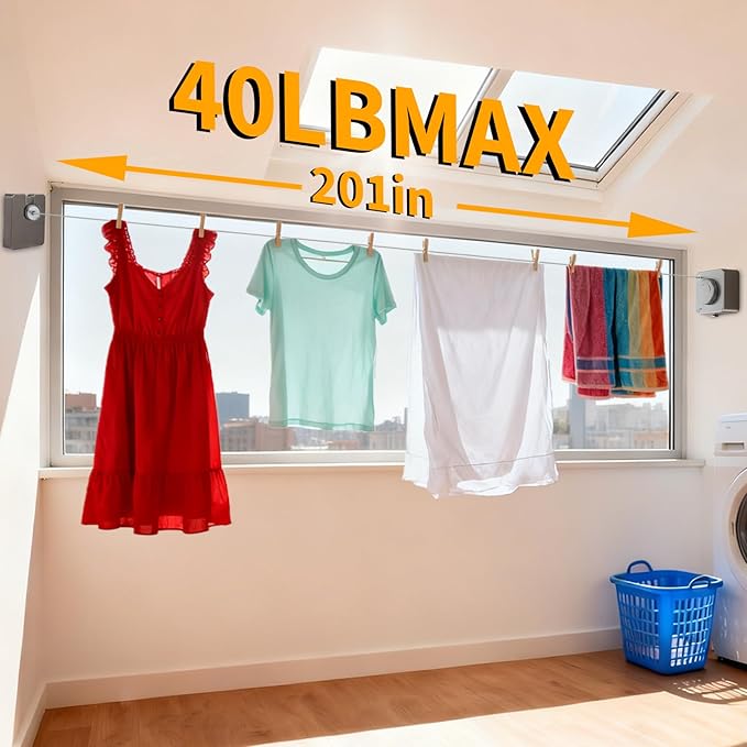 Anti-Sag Retractable Clothesline 40LB Capacity - 201in Stainless Steel Laundry Line for Indoor Outdoor, Wall Mounted Space Saving Easy Install (White)