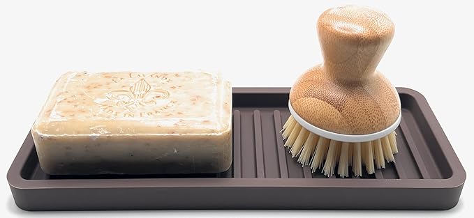 Happitasa Silicone Kitchen Sink Organizer Tray, Sponge Holder and Countertop Protector | Bathroom and Kitchen Soap Dish and Dispenser Tray (Dark Chocolate, 9"x3.5", 5.6 Ounces)