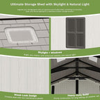 Patiowell 10x10 FT Outdoor Storage Shed, Plastic Shed with Floor and Skylight, Four-Window Resin Storage Shed with Lockable Door for Garden, Patio, Backyard, Beige