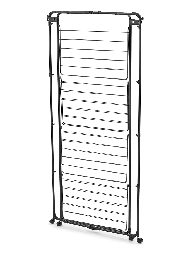 Brabantia HangOn Tower Clothes Drying Rack with Wheels | 98ft (30m) | Matt Black | Tall 3-Tier Indoor Clothes Airer with Adjustable Shelves for Towels, Folds Flat to Save Space | Fits 3 Full Loads