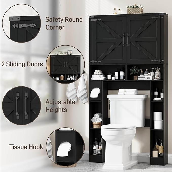 Vabches Over The Toilet Storage Cabinet, Farmhouse Storage Cabinet Over Toilet with 2 Barn Doors ，Toilet Paper Holder Stand，Home Space-Saving Toilet Rack, for Laundry, Restroom, Bathroom.Black.