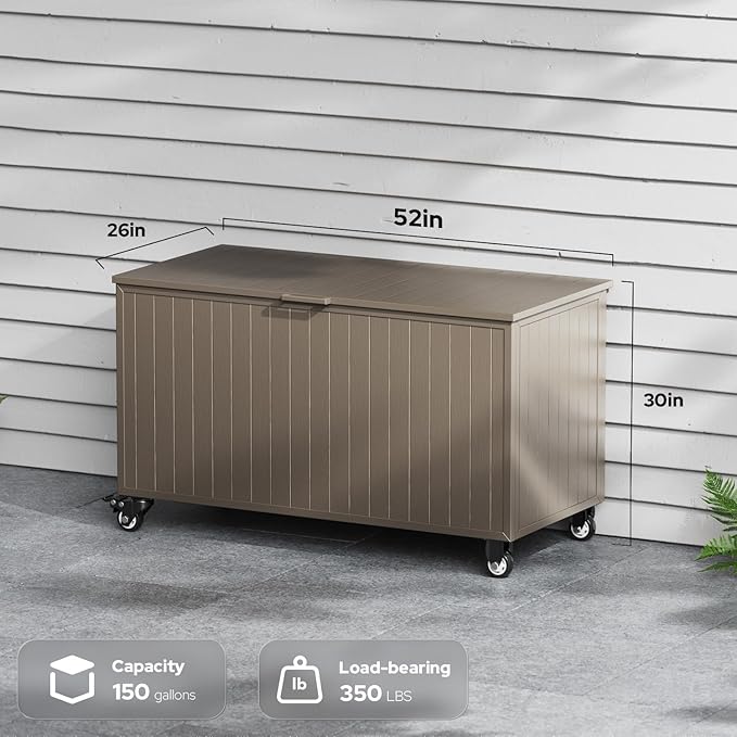 Outdoor Storage Box with Wheels 150 Gallon, Metal Deck Boxes Waterproof, UV Resistant Patio Storage Box with Lid for Patio Furniture, Garden Tools (Brown)