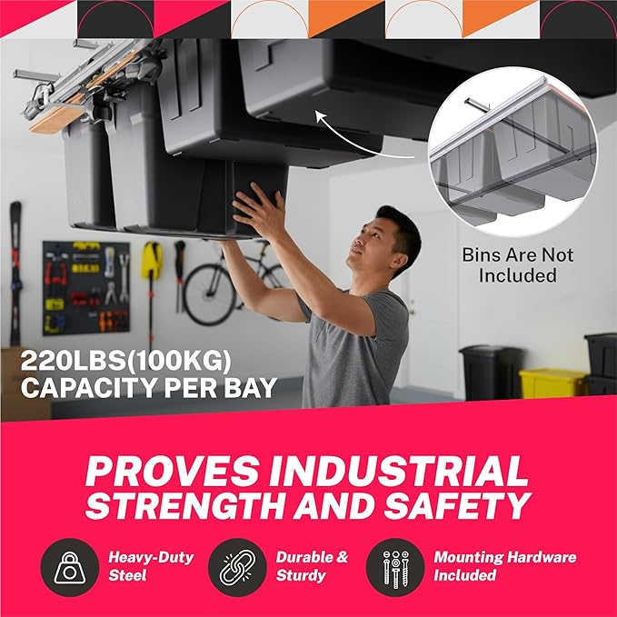 Adjustable Overhead Tote Rail System. Garage Bin Storage. Tote Lift Pro Storage Rack. Ceiling Mounted Bin Organizer – Heavy Duty Ezy Strut & Hat Channel Design – 90" x 25" x 4" (Pack G)