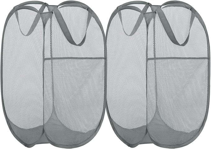 BATTOO Deluxe Strong Mesh Pop up Laundry Hamper Basket with Side Pocket for Laundry Room, Bathroom, Kids Room, College Dorm or Travel 2 Pack White