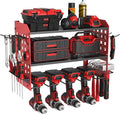 Power Tool Organizer, Heavy Duty Wall Mount Tool Organizer 3 Layers with 4 Drill Holders, Garage Tools Storage Rack with 2 Side Pegboards and Hooks for Workshop, Shed, Red