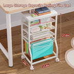 5-Tier Rolling File Cart, Under Desk Storage Organizer with Lockable Wheels & Mesh Sliding Trays, Multi-Functional Mobile Utility Cart for Office, Home, School, White