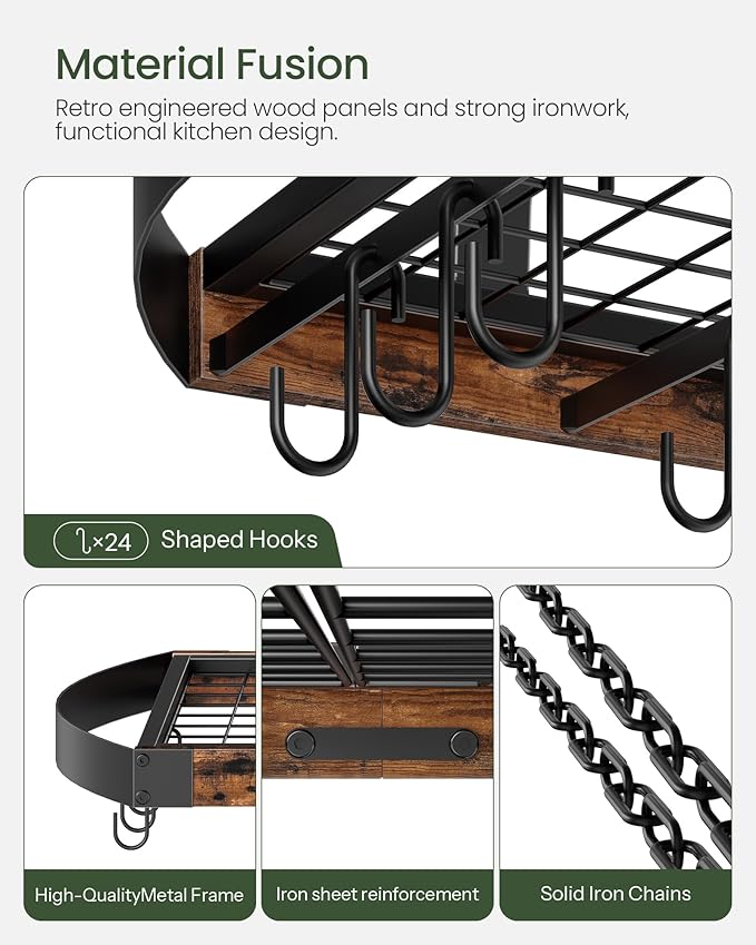Hanging Pot Rack, Pot Hanger for Kitchen, Ceiling Mounted Pot Holder, Cookware Organizer with 24 S-Shaped Hooks, for Pot, Pan Storage, Space-Saving, Rustic Brown and Black TPR28BF