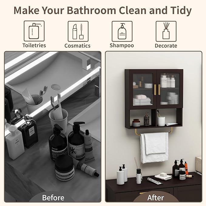 Wall Mounted Bathroom Storage Cabinet Medicine Cabinet with Acrylic Doors & Towel Bar Adjustable Shelves for Bathroom, Laundry Room, Bedroom, Enterway