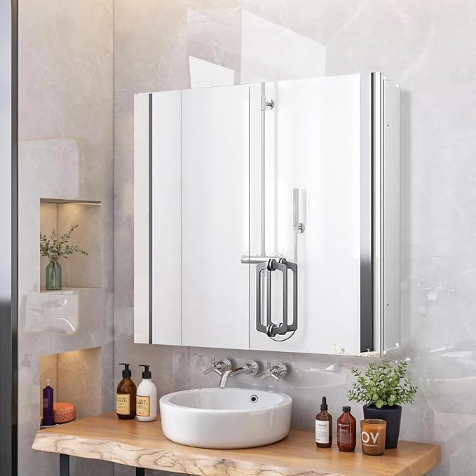 Medicine Cabinet with 26x30 inch Mirror, Mirror Cabinet with Assembly Needed, Aluminum Surface Mount or Recessed Wall Cabinet, Adjustable Glass Shelves, Suitable for Bathroom Bedroom