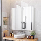 Medicine Cabinet with 26x30 inch Mirror, Mirror Cabinet with Assembly Needed, Aluminum Surface Mount or Recessed Wall Cabinet, Adjustable Glass Shelves, Suitable for Bathroom Bedroom