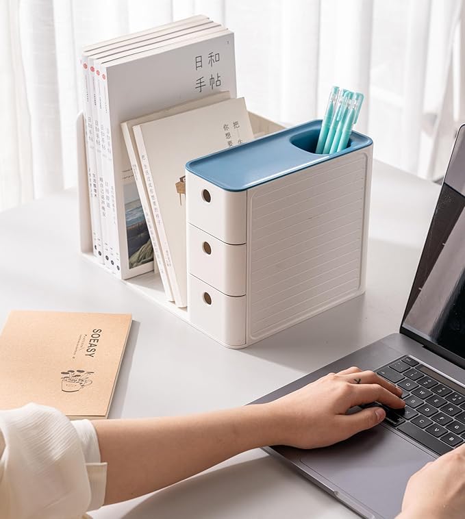 White Plastic Desktop Organizer with File slots,3-tier Drawers with Pen Holder,Book Stand for Office Supplies and Desk Accessories (White+Grey)