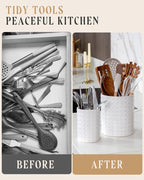 Nucookery Utensil Holder, Extra Large Ceramic Utensil Crock for Kitchen Counter, Stable Spatula & Flatware Organizer, Farmhouse Embossed Kitchen Decor, Set of 2 (X Texture)
